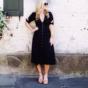 Free People Love of My Life Black Midi Dress Button Front Short Sleeve Size M